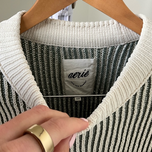 Aerie Green Cream Ribbed Knit Oversized Sweater Drop Shoulder - Picture 3 of 6